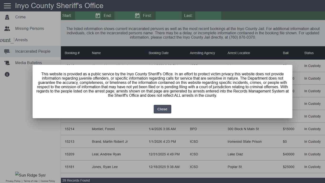 Inyo County Sheriff's Office - Incarcerated People