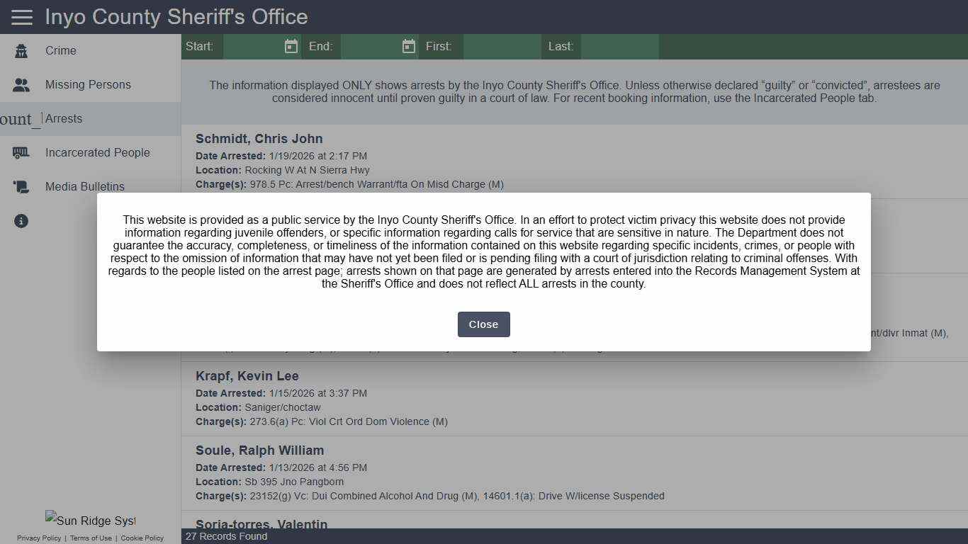 Inyo County Sheriff's Office - Arrests